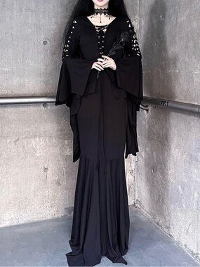 Gothic Y2K Long Sleeve Deep V Lace-Up Maxi Dress  Boho Halloween Cosplay XL